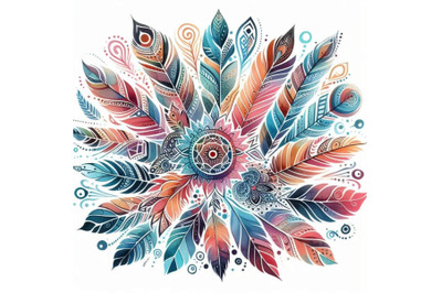 Watercolor ethnic ornate feathers abstract mandala