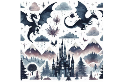 Watercolor fairy tale seamless pattern with cute dragon, magic