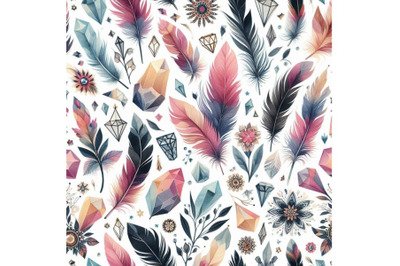 Watercolor gems, feathers and flowers seamless pattern