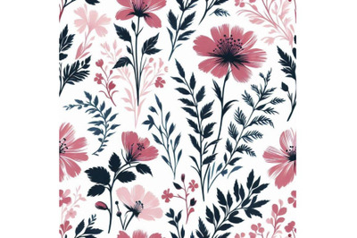 Watercolor pink flowers and leaves seamless pattern