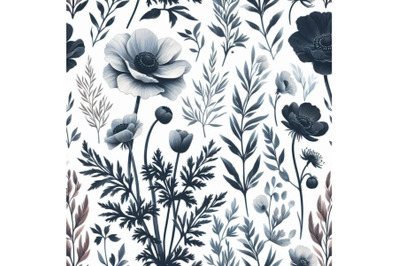 Watercolor seamless pattern with anemone and herbs