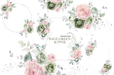 Sage Green &amp; Pink Flowers Bouquets Clipart