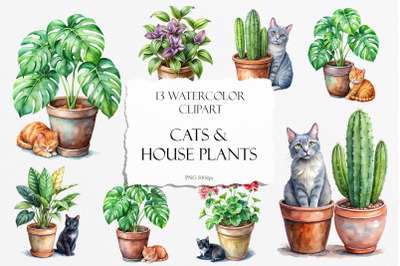 Watercolor House Plants and Cats PNG