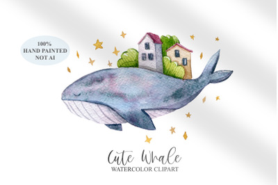 Watercolor cute whale clipart &2F; underwater animal- 1 png