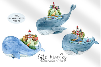 Watercolor cute whale clipart &2F; underwater animal- 3 png