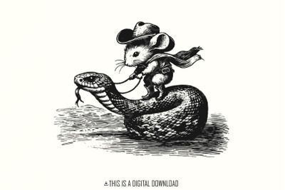Mouse Cowboy on Snake PNG&2C; Whimsical Western Art&2C; Cute Animal Illustration&2C; Funny Digital Download&2C; Rodeo Mouse&2C; Snake Rider&2C; Unique