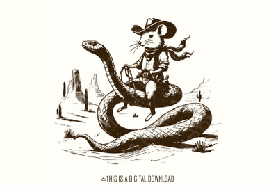 Mouse Cowboy riding Snake PNG&2C; Whimsical Western Art&2C; Cute Animal Illustration&2C; Funny Rodeo Mouse&2C; Snake Rider&2C; Western Adventure
