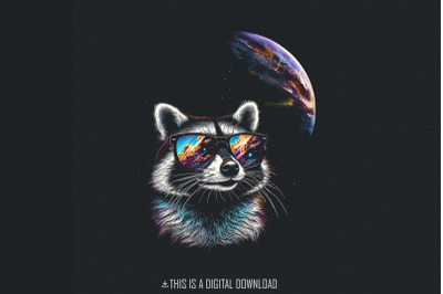 Cosmic Raccoon PNG, Space Sunglasses Art, Neon Animal Illustration, Cool Raccoon with Glasses, Galaxy Reflection, Digital Download