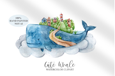 Watercolor cute sperm whale clipart / ocean animal- 1png