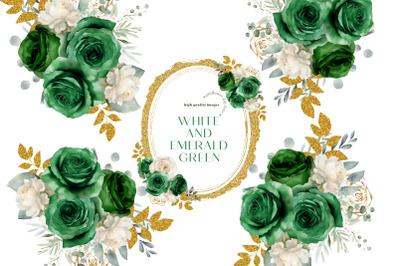 Emerald Green Gold Ivory Floral Bouquets Clipart