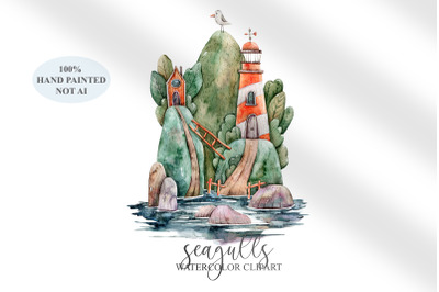 Watercolor cute lighthouse and seagulls clipart - 1 png