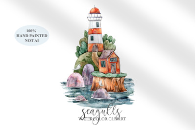 Watercolor cute lighthouse and seagulls clipart - 1 png