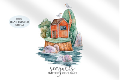 Watercolor cute lighthouse and seagulls clipart - 1 png