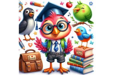 Back to school background with funny bird. watercolor illustration