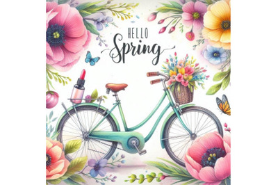 Bicycle. Watercolor bicycle and flower background. Hello Spring wa