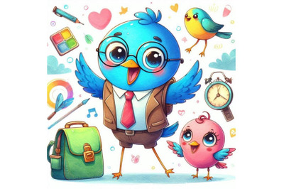 Back to school background with funny bird. watercolor