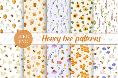 Honey Bee Seamless Pattern, Honey Digital Paper, Wildflower Pattern