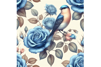 Blue rose and bird seamless pattern