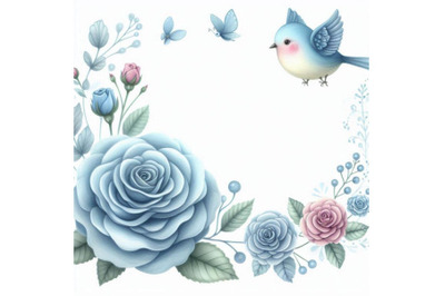 Blue rose with cute bird border. watercolor illustration