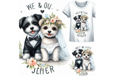 Bride and groom dog T-shirt graphics. mini dog illustration with