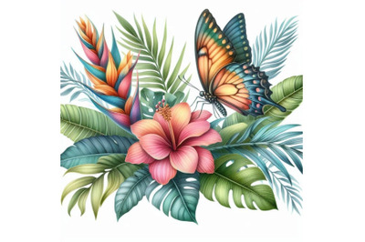 Butterfly, tropical leaves and exotic flower