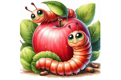 Cartoon insect apple worm watercolor illustration