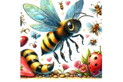 Cartoon insect bee watercolor illustration