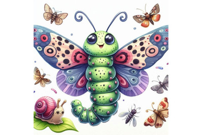 Cartoon insect butterfly watercolor illustration