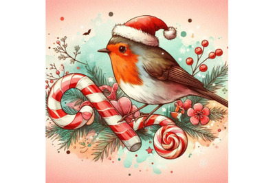 Bird robin illustration. bird robin and Christmas candy w