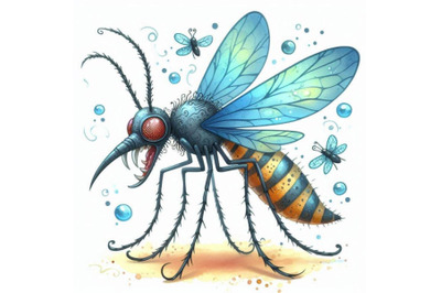 Cartoon insect mosquito watercolor illustration