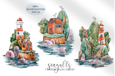 Watercolor cute lighthouse and seagulls clipart - 3 png