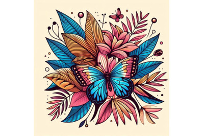 Butterfly, tropical leaves and exotic flower