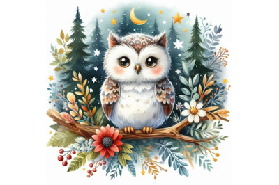 CCute owl T-shirt graphics, watercolor forest owl illustration