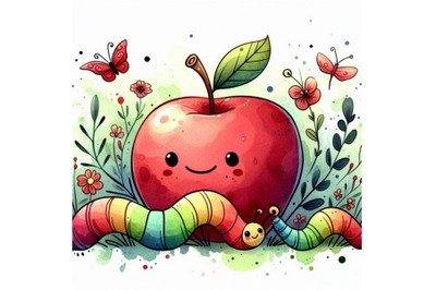 Cartoon insect apple worm watercolor illustration