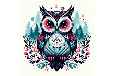 CCute owl T-shirt graphics, watercolor forest owl illustr