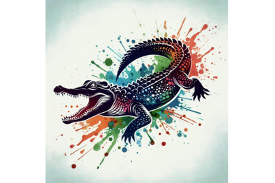 Crocodile illustration with splash watercolor textured b