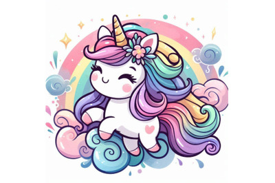 Cute cartoon unicorn watercolor illustration