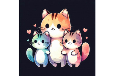 Cute cat T-shirt graphics&2C; watercolor cat family illustrat