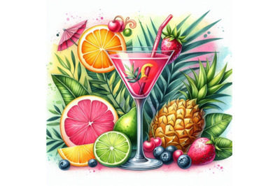 Colorful cocktail. Hand drawn watercolor illustration of cocktail frui