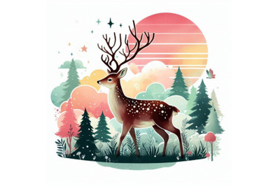 Cute forest deer T-shirt graphics, watercolor deer illust