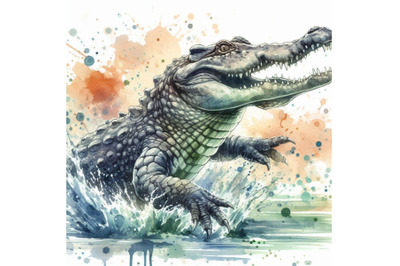 Crocodile illustration with splash watercolor textured background