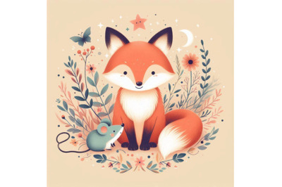 Cute fox T-shirt graphics, watercolor fox and mouse illu