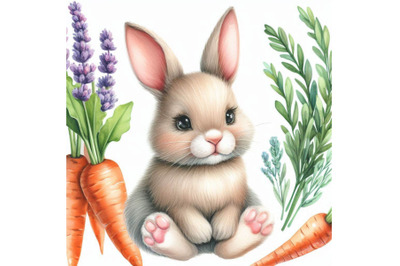 Cute bunny. wild rabbit. watercolor carrot illustration