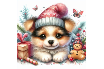 Cute cartoon puppy watercolor illustration. Dog year greeting card