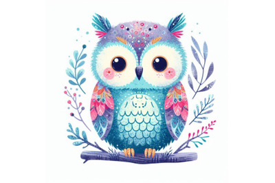 Cute owl T-shirt graphics, watercolor forest owl illustrat