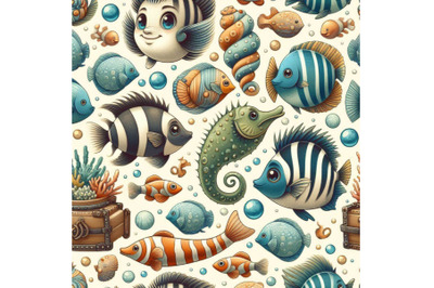 Cute cartoon sea fish seamless pattern. vintage surf background