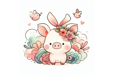 Cute pig hand drawn watercolor illustration