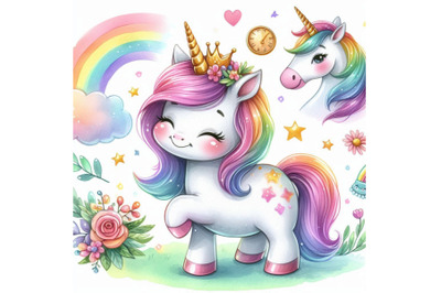 Cute cartoon unicorn watercolor illustration