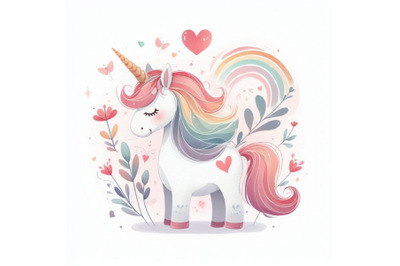 Cute unicorn watercolor illustration. love card