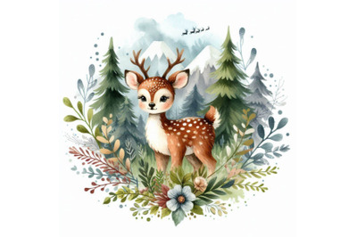 Cute forest deer T-shirt graphics, watercolor deer illustration